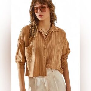 Bohme Button Down Blouse Medium Relaxed Casual Boho Chic Striped 3/4‎ Sleeve